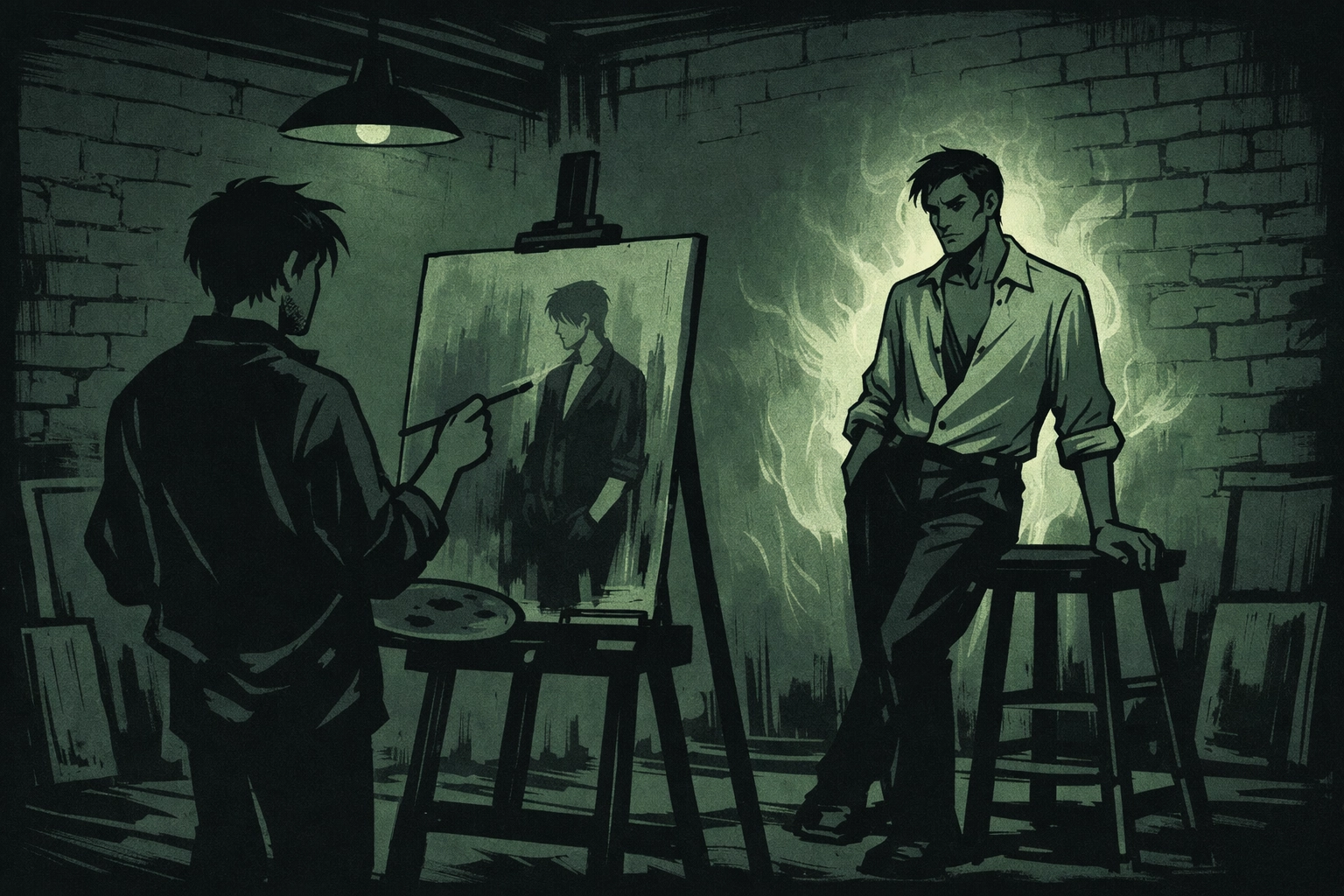 Gay thriller artist painting male model in atmospheric loft studio with supernatural shadows