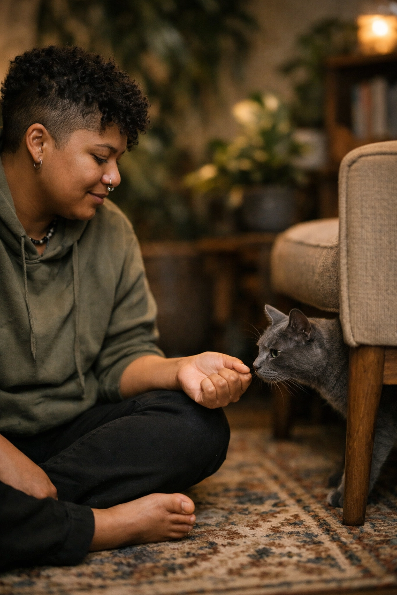 Expert cat sitter Palo Alto professional gaining the trust of a shy grey cat through patient care.