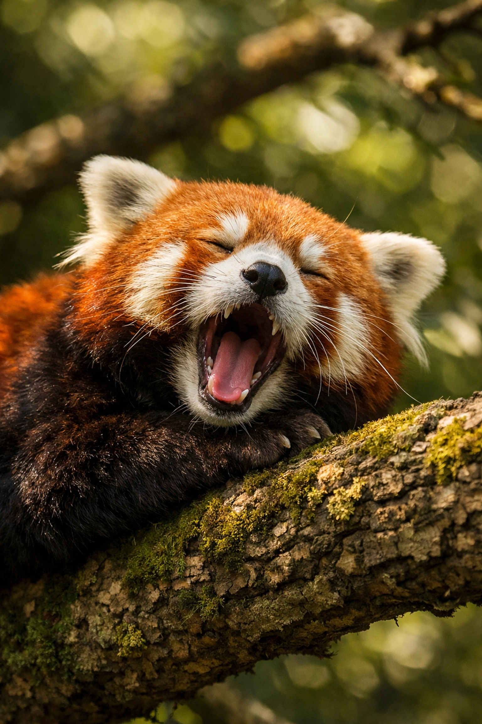Candid photo of a red panda yawning on a branch capturing natural behavior through patient zoo photography.
