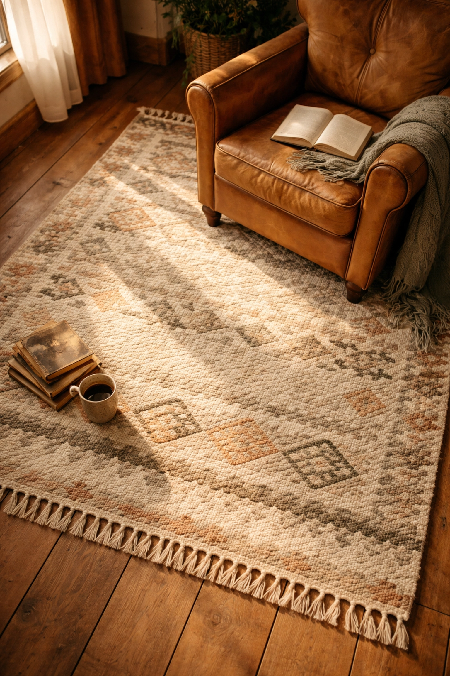 Handwoven natural wool area rug and vintage leather armchair create a cozy, handcrafted reading nook.