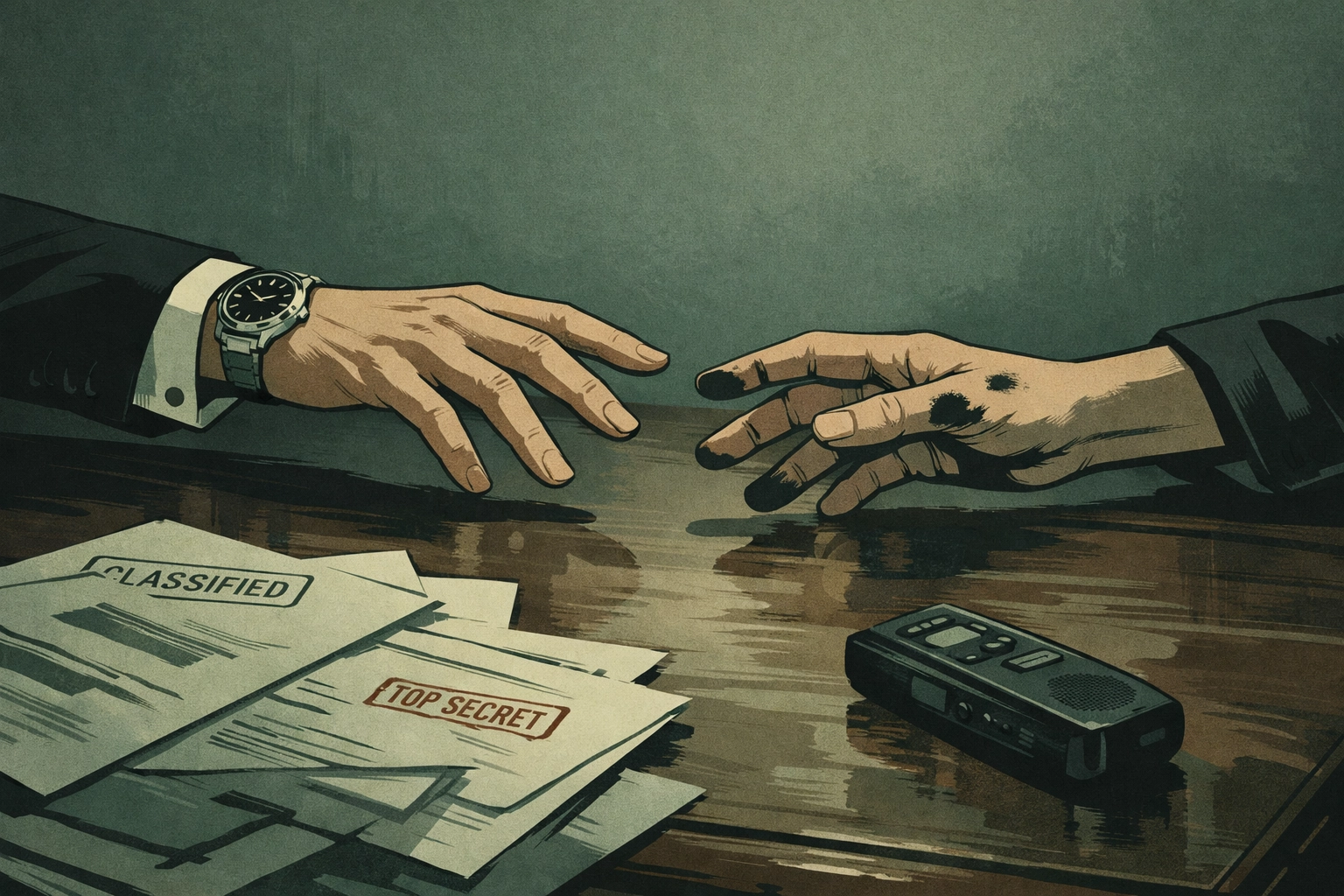 Two hands reaching across desk with classified documents - journalist and politician connection