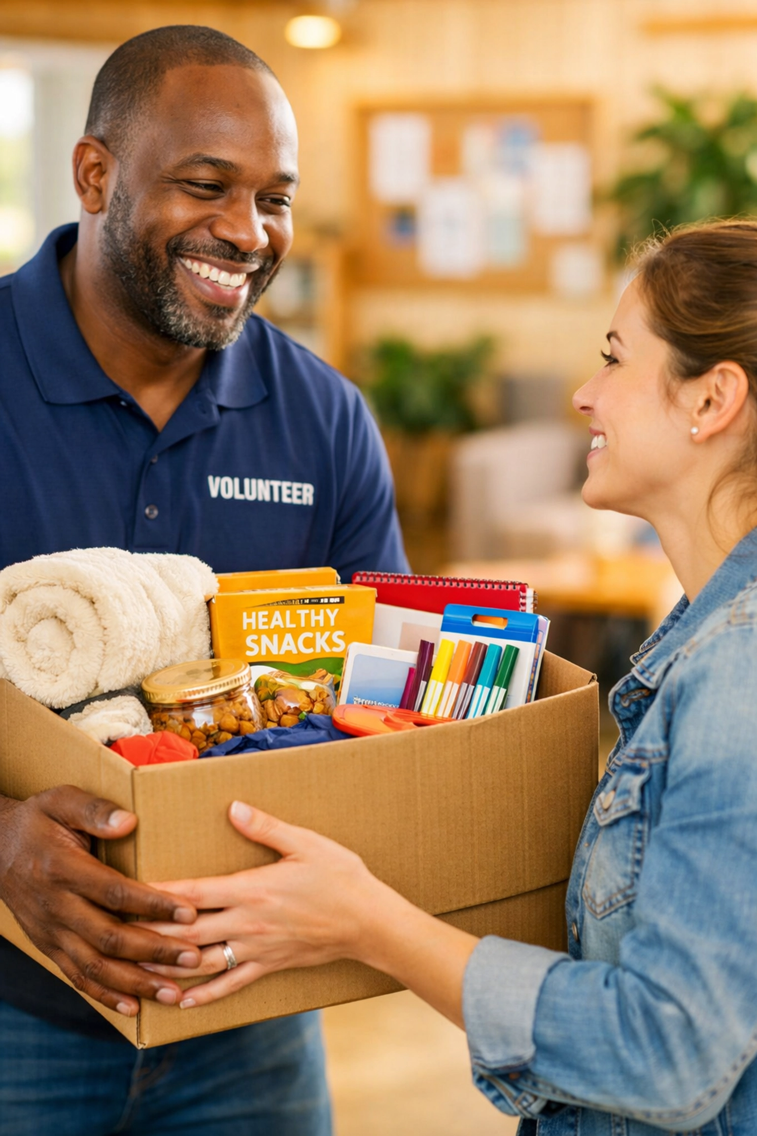 Community leader providing a family assistance resource kit to a mother in a warm New Jersey center.