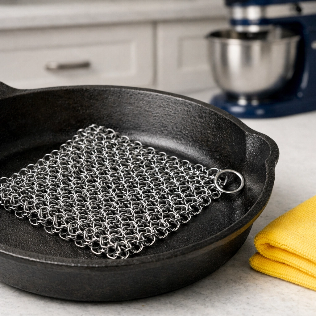 A chain mail scrubber inside a cast iron skillet, a top tool for weekly house cleaning maintenance.