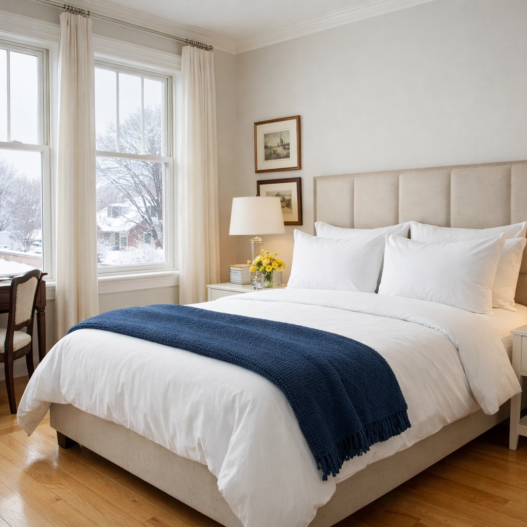 Impeccably tidy Harvard guest bedroom with fresh linens and polished floors, ready for holiday visitors.
