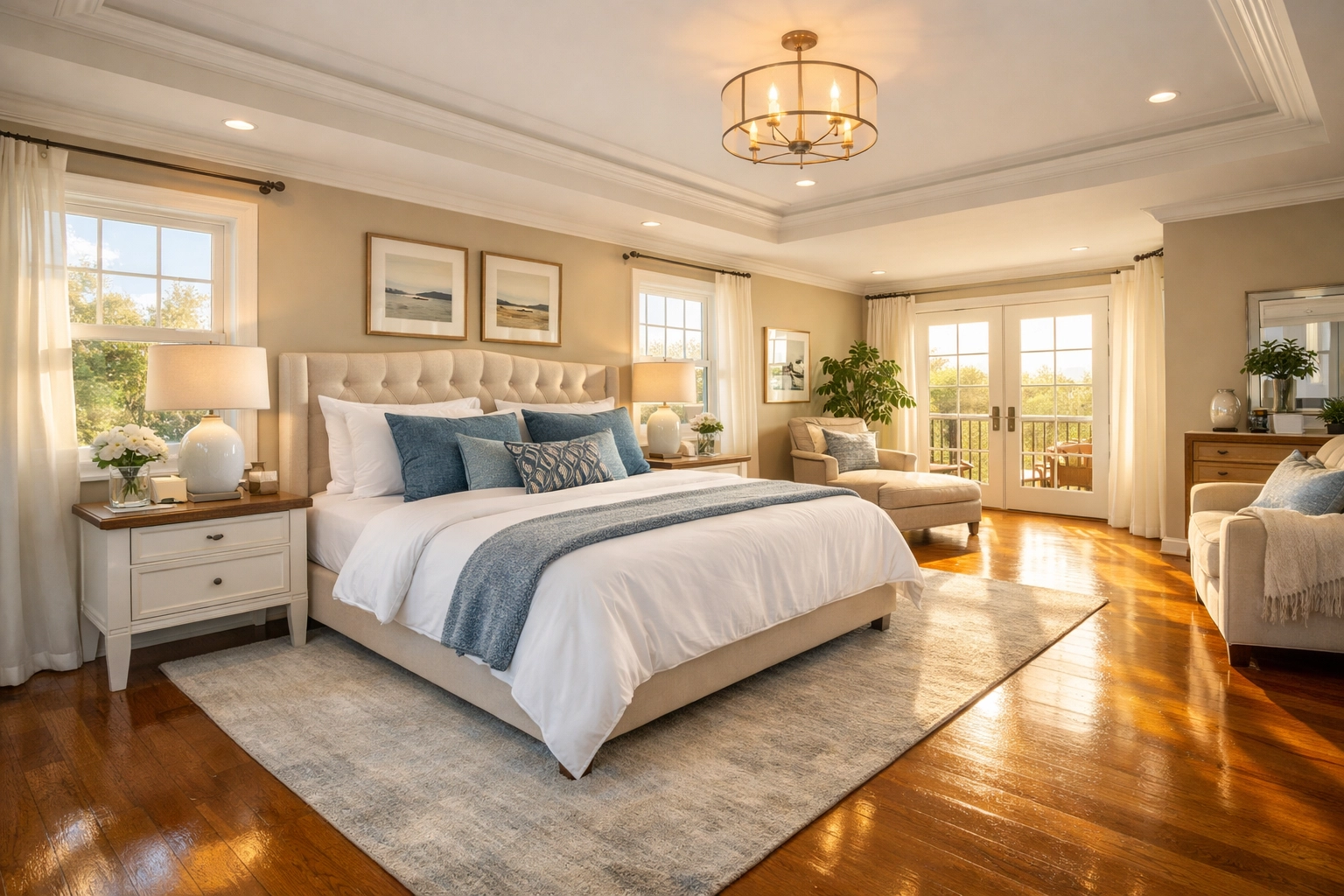 Bright, dust-free bedroom with sparkling floors from regular house cleaning in Natick MA.