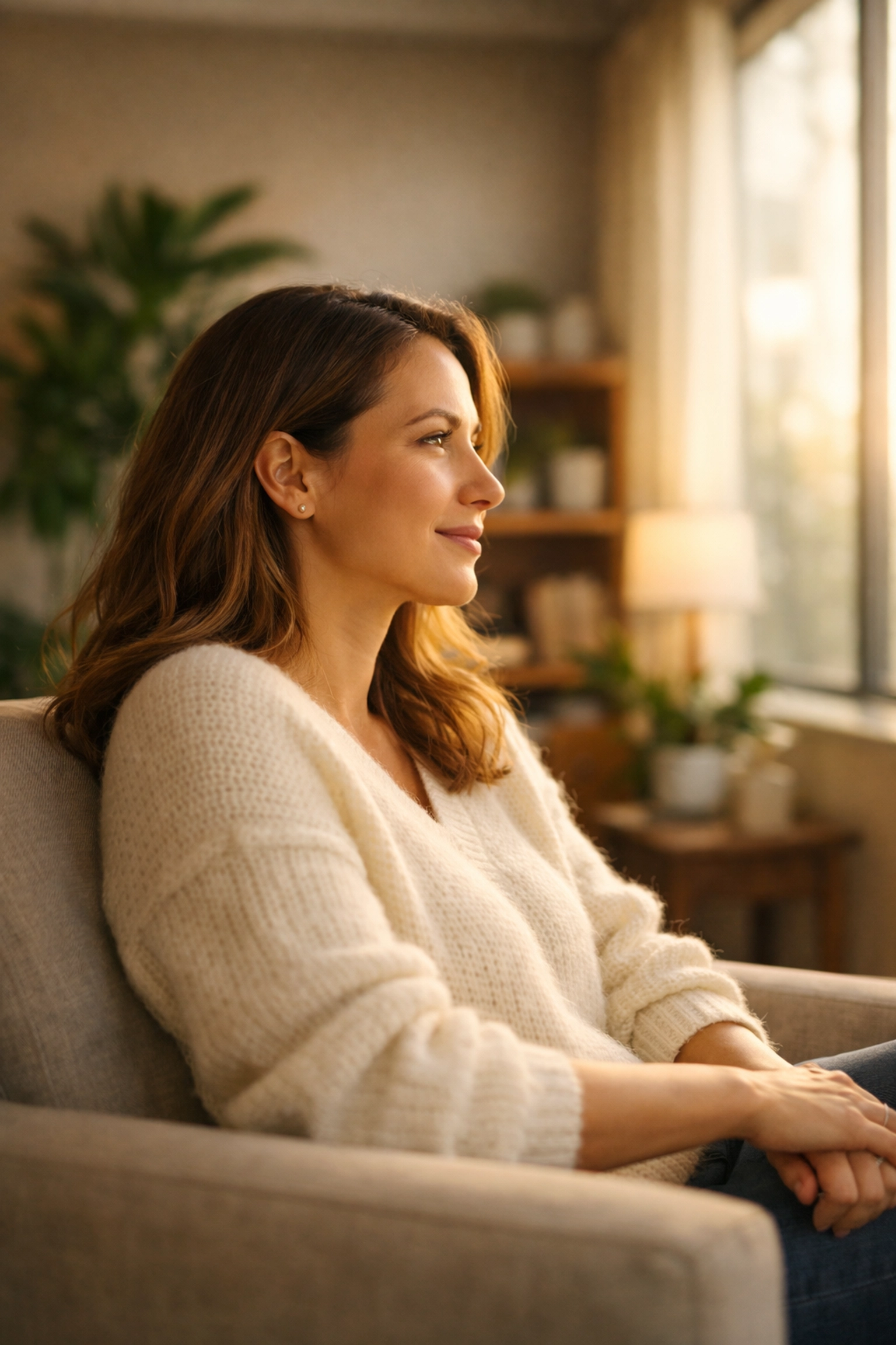 A confident Georgia surrogate in a bright, cozy room preparing for the next phase of the surrogacy process.