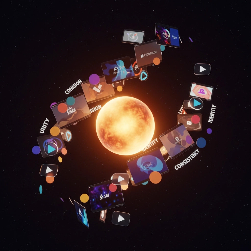 A vibrant digital representation of concepts like unity, cohesion, and identity orbiting a central sun, symbolizing interconnectedness and balance in a cosmic space theme.


