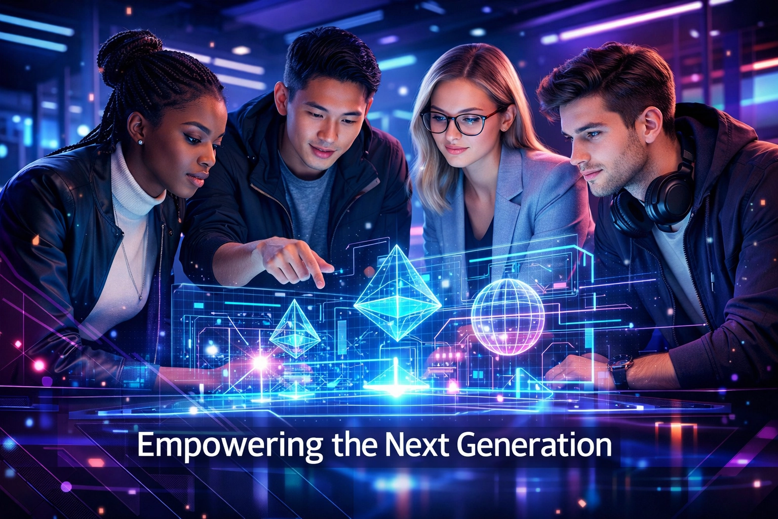 Gen Z professionals collaborating on AI technology in a futuristic career center