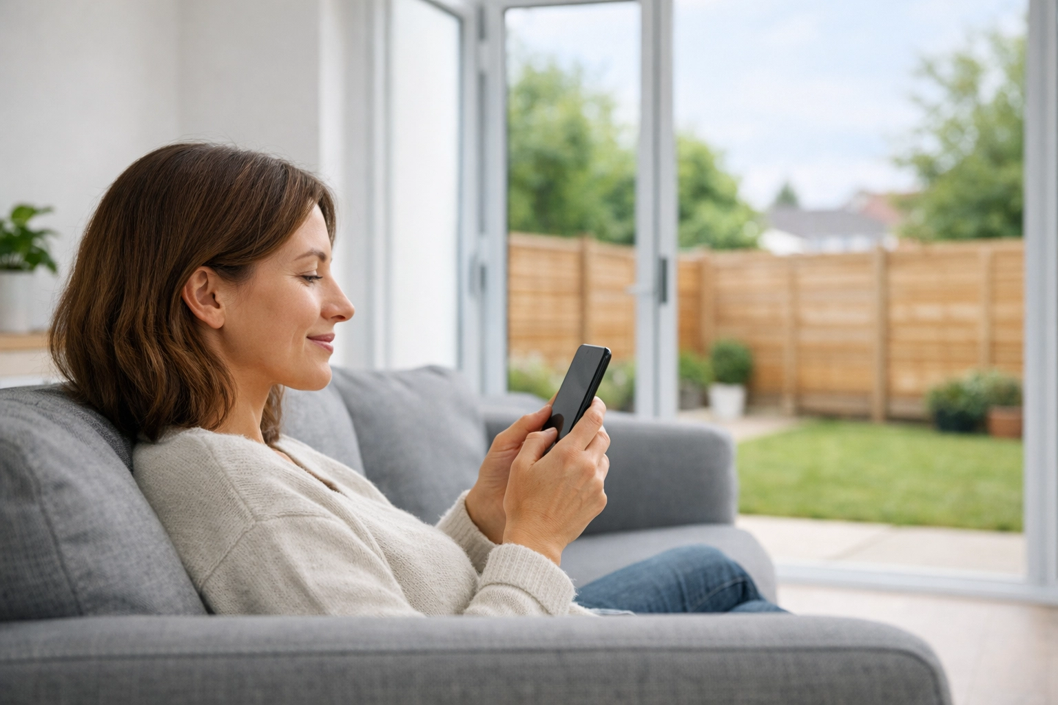 Homeowner in Bridgwater checking high-definition CCTV security footage on a smartphone from their living room.