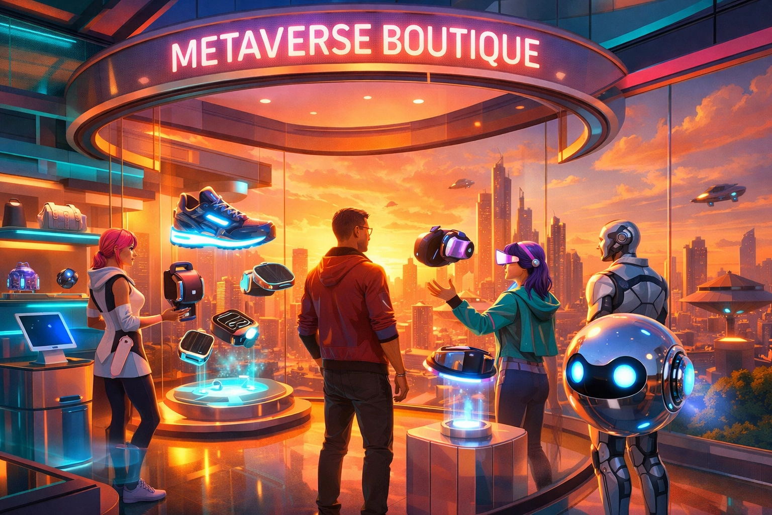 Innovative metaverse shopping boutique with an AI assistant facilitating Web3 commerce and product discovery.