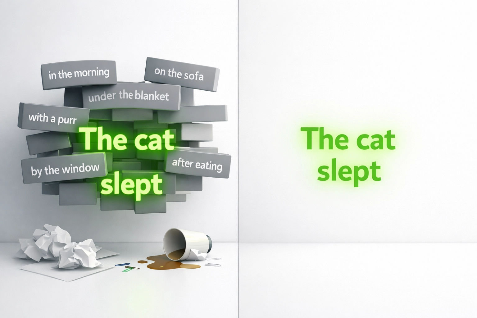 Visual comparison showing how to delete the noise in complex sentences to find subject and verb