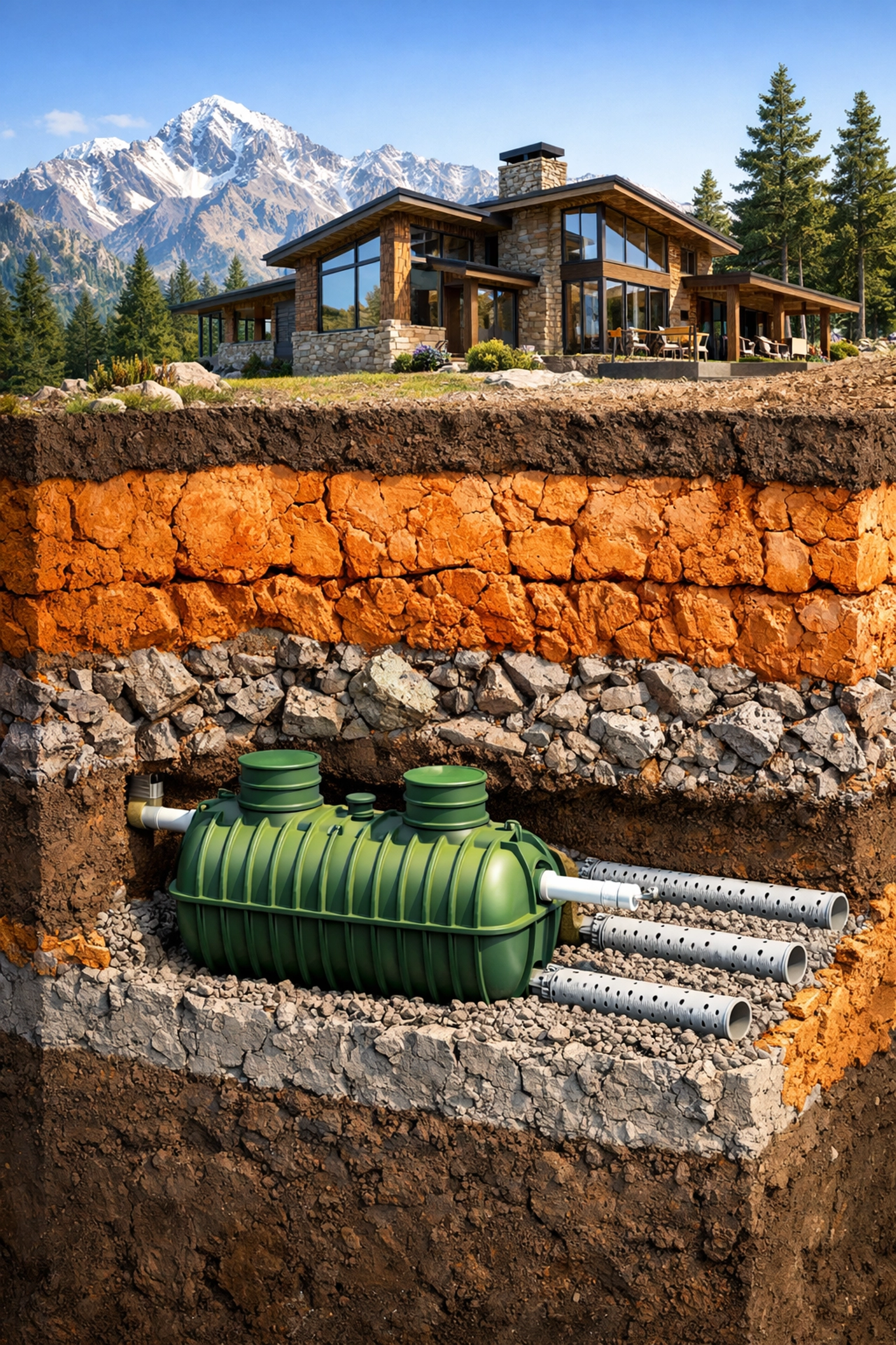 Septic tank installation in Jefferson County showing a cross-section of challenging clay and rock soil.