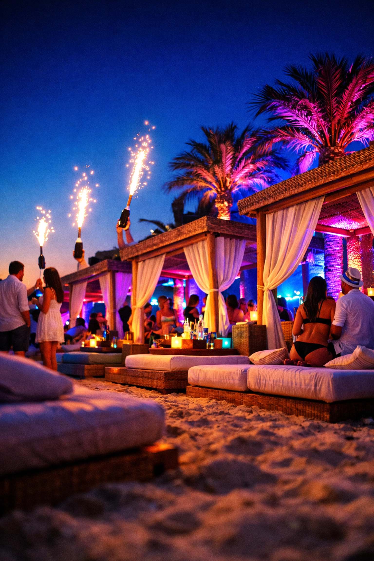 VIP cabanas and daybeds at a luxury Mykonos beach club during a high-end summer party.