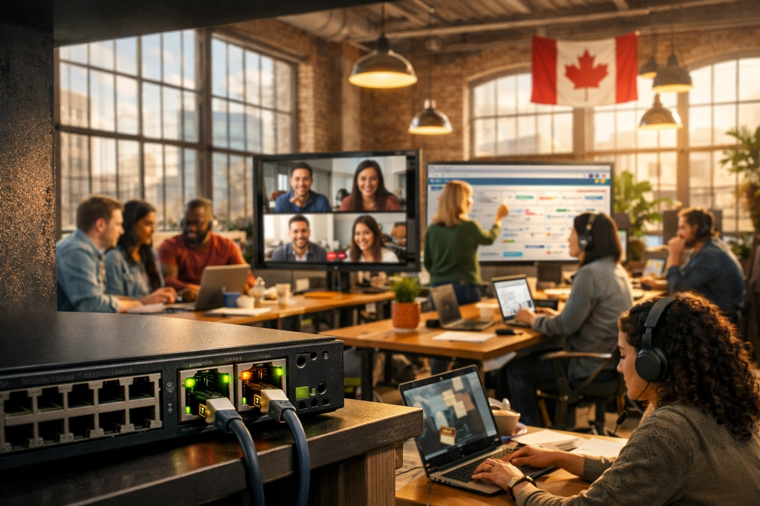Busy Canadian office utilizing a fast internet connection for lag-free video calls and cloud collaboration.