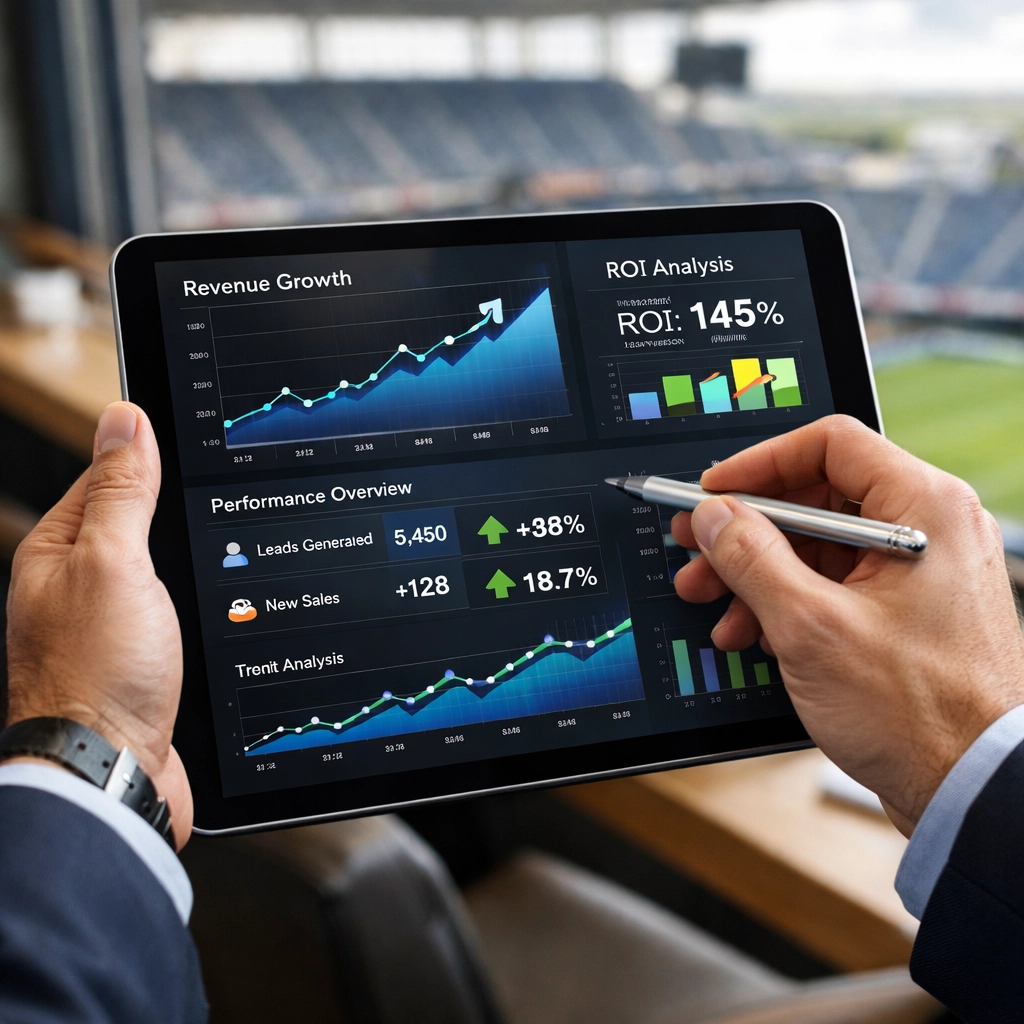 Executive reviewing Super Bowl corporate hospitality ROI analytics and performance metrics on tablet