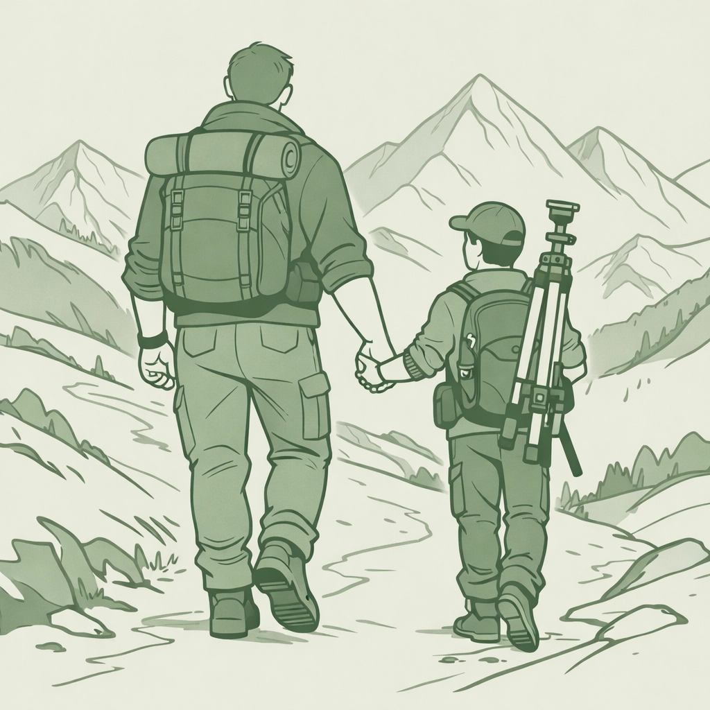 Gay couple hiking mountain trail hand-in-hand showing size difference - MM romance