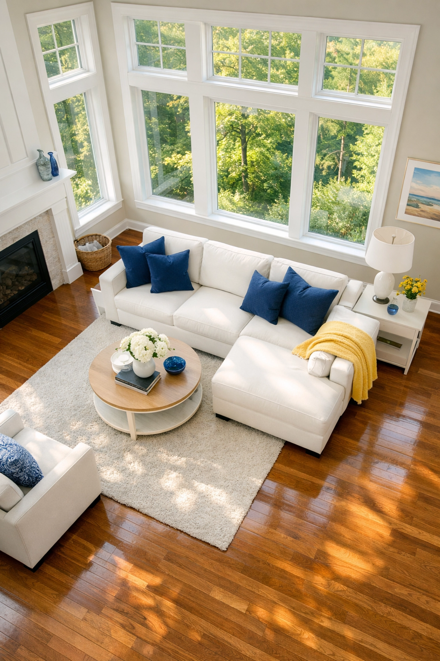 Pristine living room after professional House Cleaning Shirley MA with polished hardwood floors.