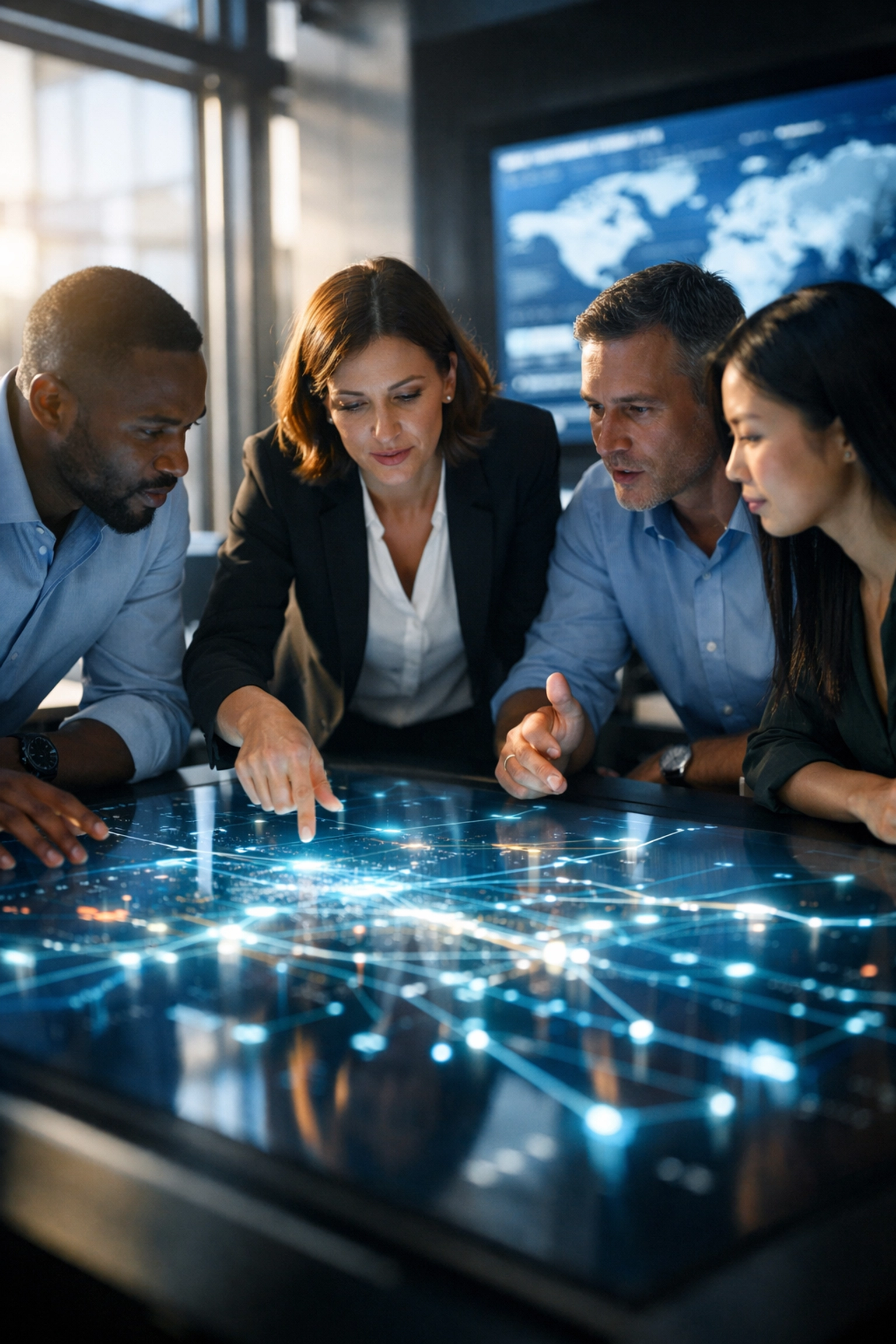 Business team in a modern command center using real-time data for precise branding strategy coordination.