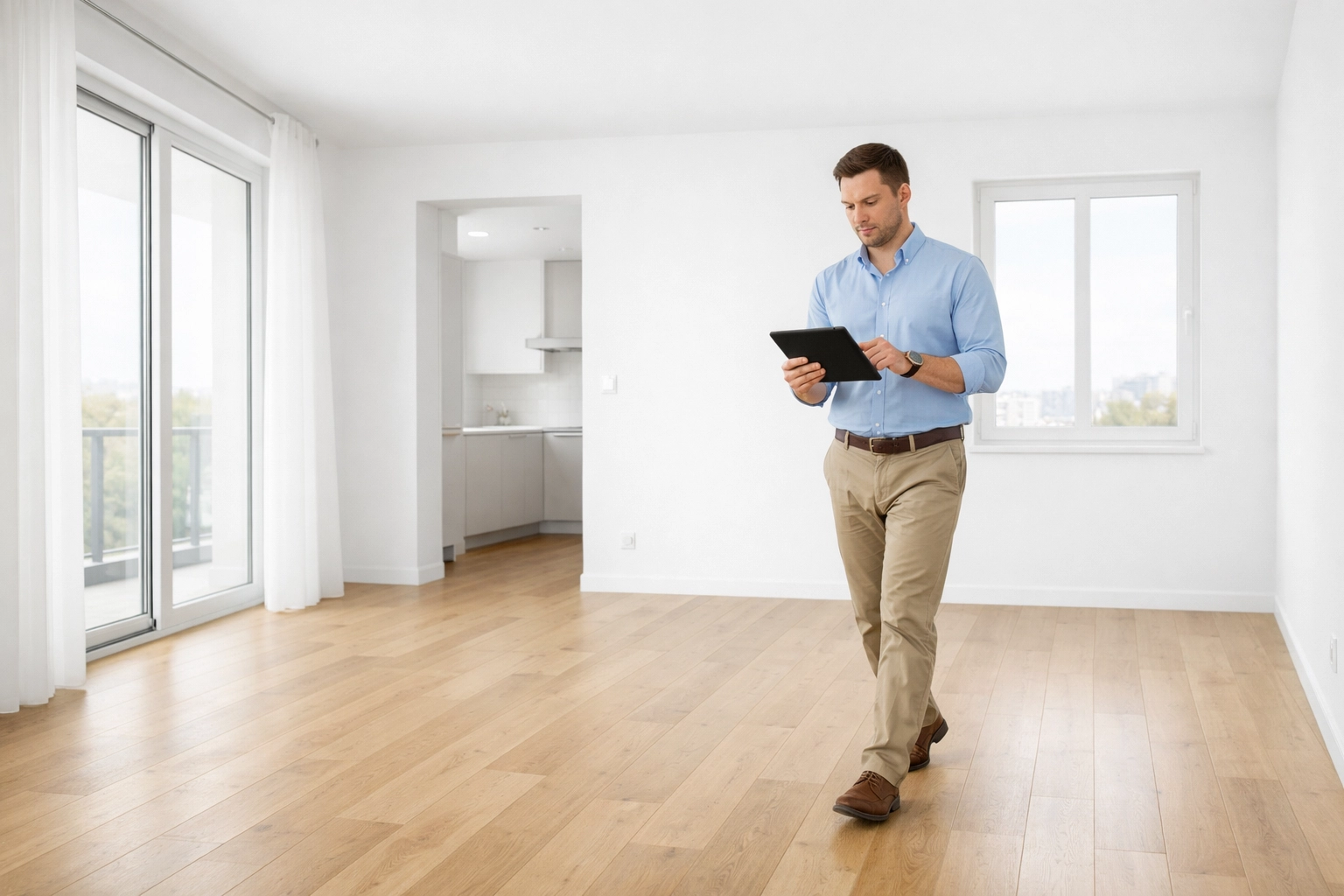 Property manager inspecting empty apartment unit with tablet during make-ready turnover