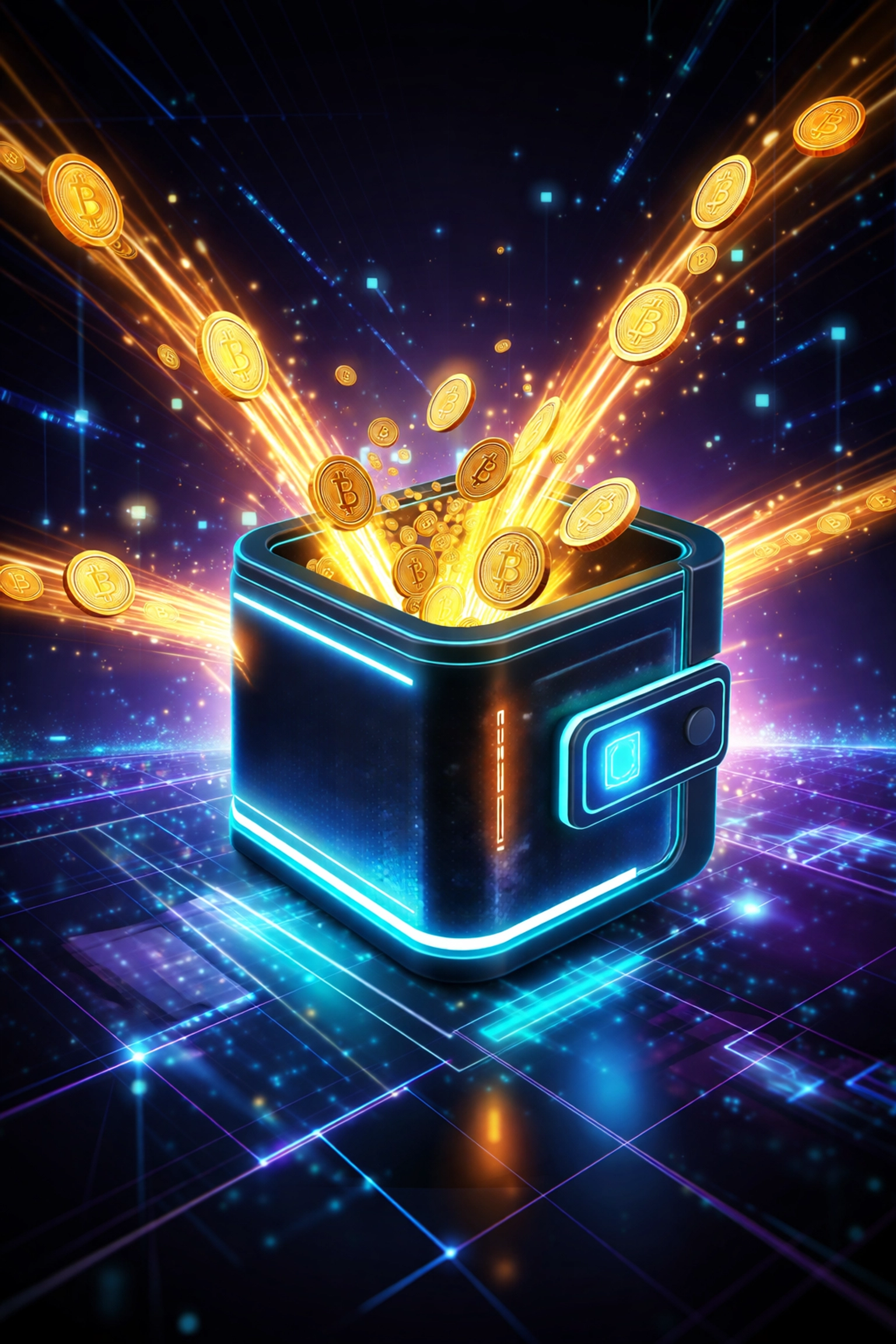 A digital wallet receiving golden cryptocurrency coins symbolizes self-custody and secure Web3 global payments for merchants.