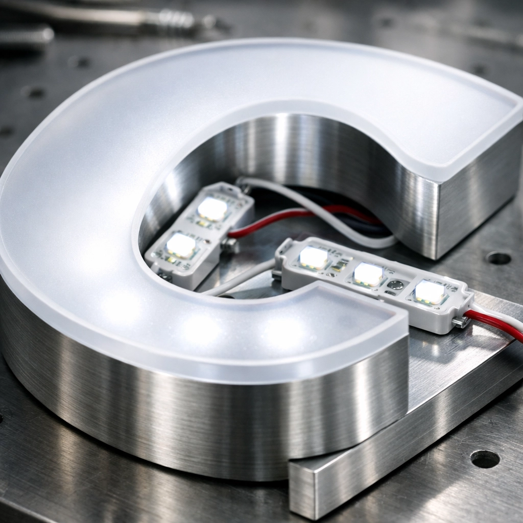 Close-up of a high-quality aluminum channel letter during the custom sign manufacturing process.