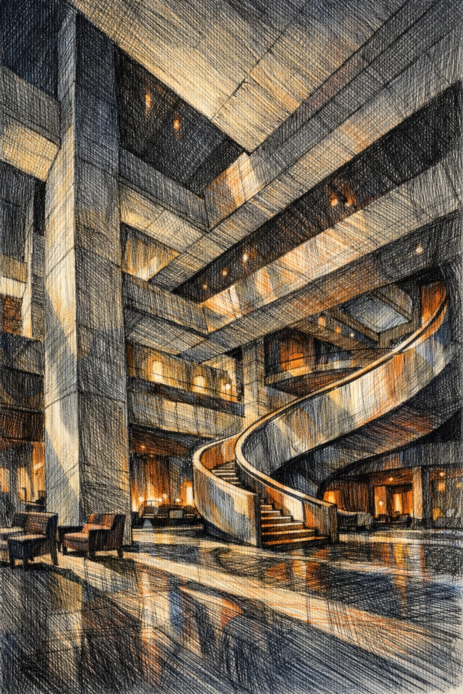 Luxury hospitality design showing structural lobby architecture and intelligent space planning.