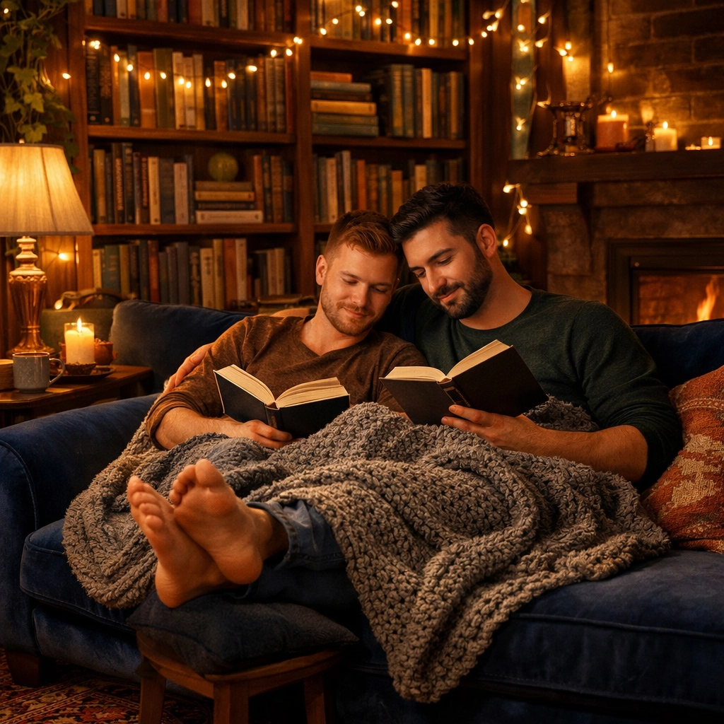 A gay couple reading together in a cozy library, representing domestic intimacy in queer fiction books.