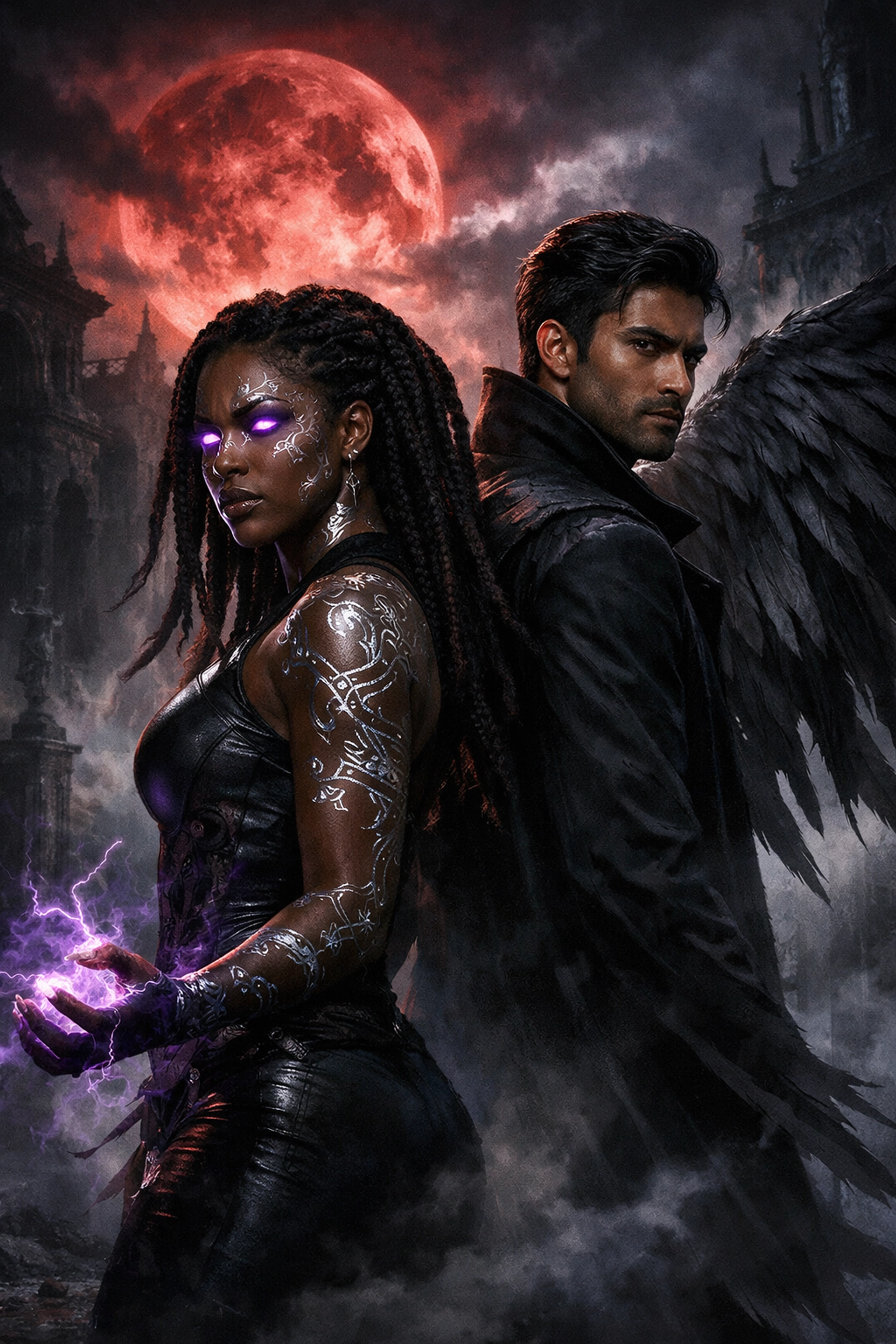 Diverse POC paranormal romance characters with dark magic aesthetics in a gothic setting.
