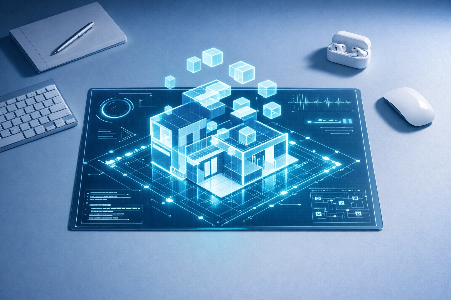 Holographic home construction interface representing custom AI for real estate agents and digital workflow tools.