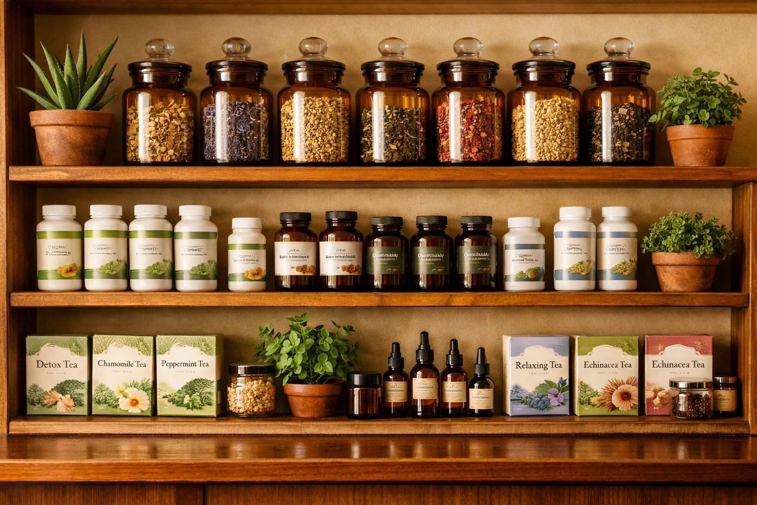 Organic health store shelves featuring apothecary jars, herbal teas, and natural wellness supplements.