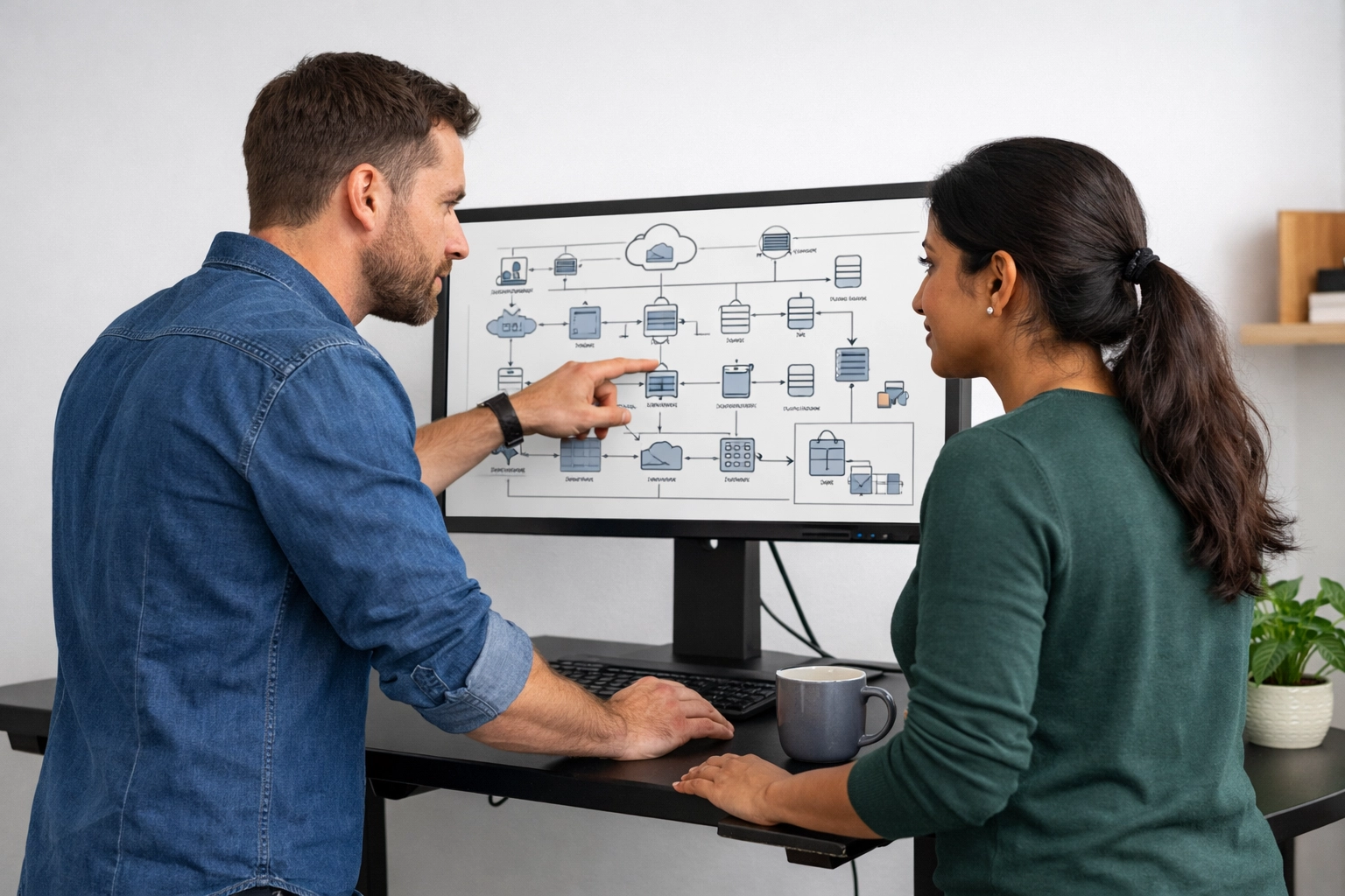 IT specialists discussing architecture for ServiceNow consulting services and ITAM cost reduction.
