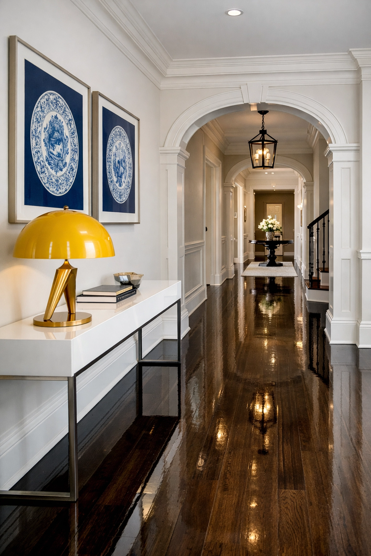 Perfectly polished hardwood floors in a modern Worcester home entryway showing professional cleaning results.
