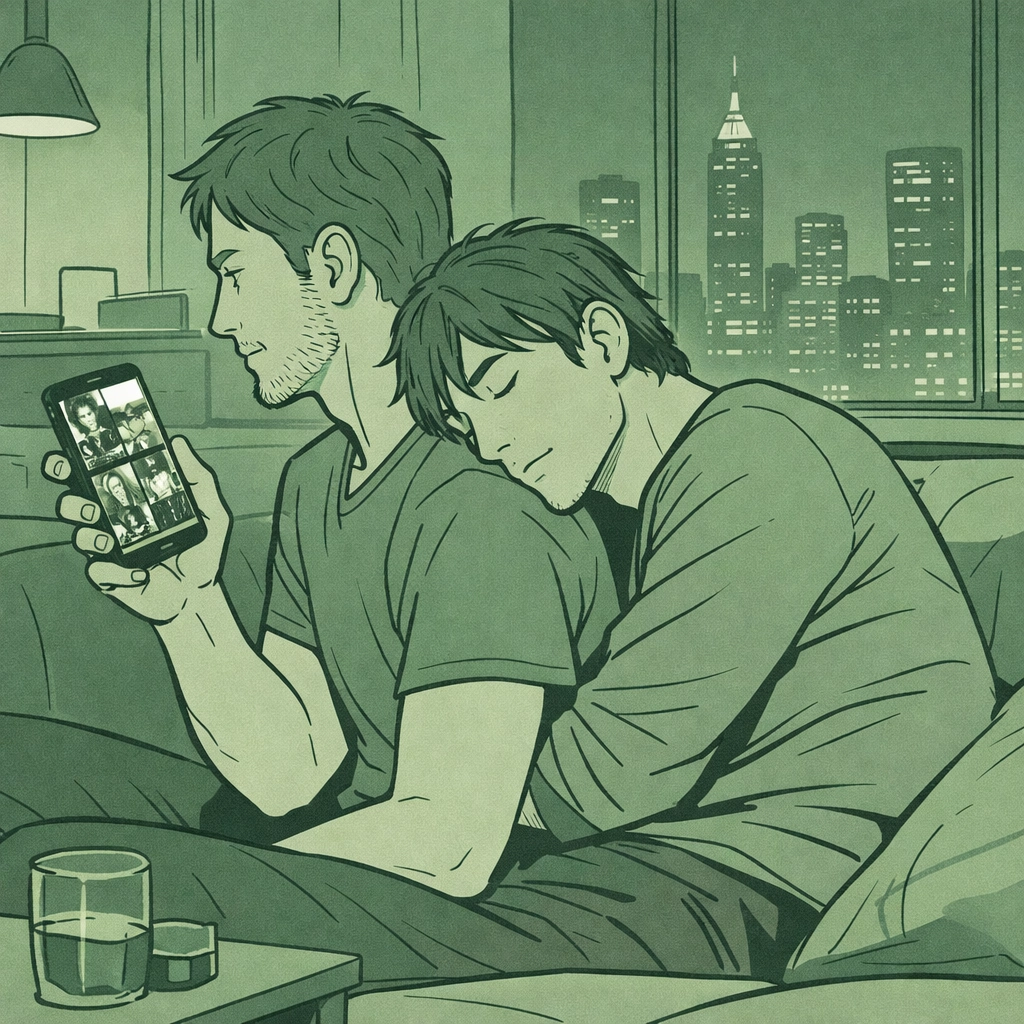 MM couple sharing intimate moment on couch viewing paparazzi photos in luxury apartment