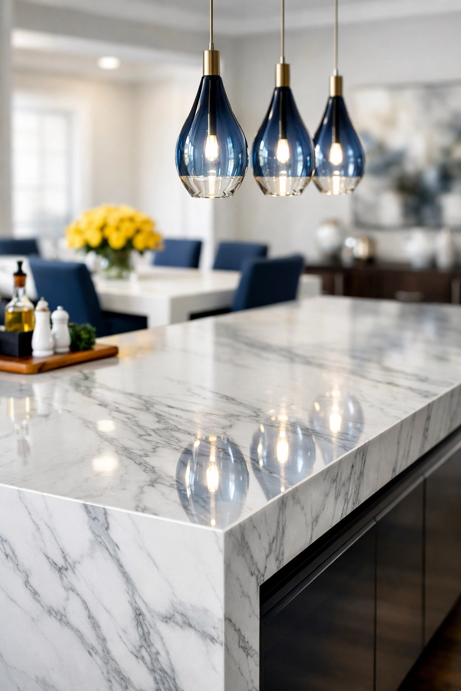Polished marble kitchen island reflecting professional cleaners' precision in a Leominster MA house.