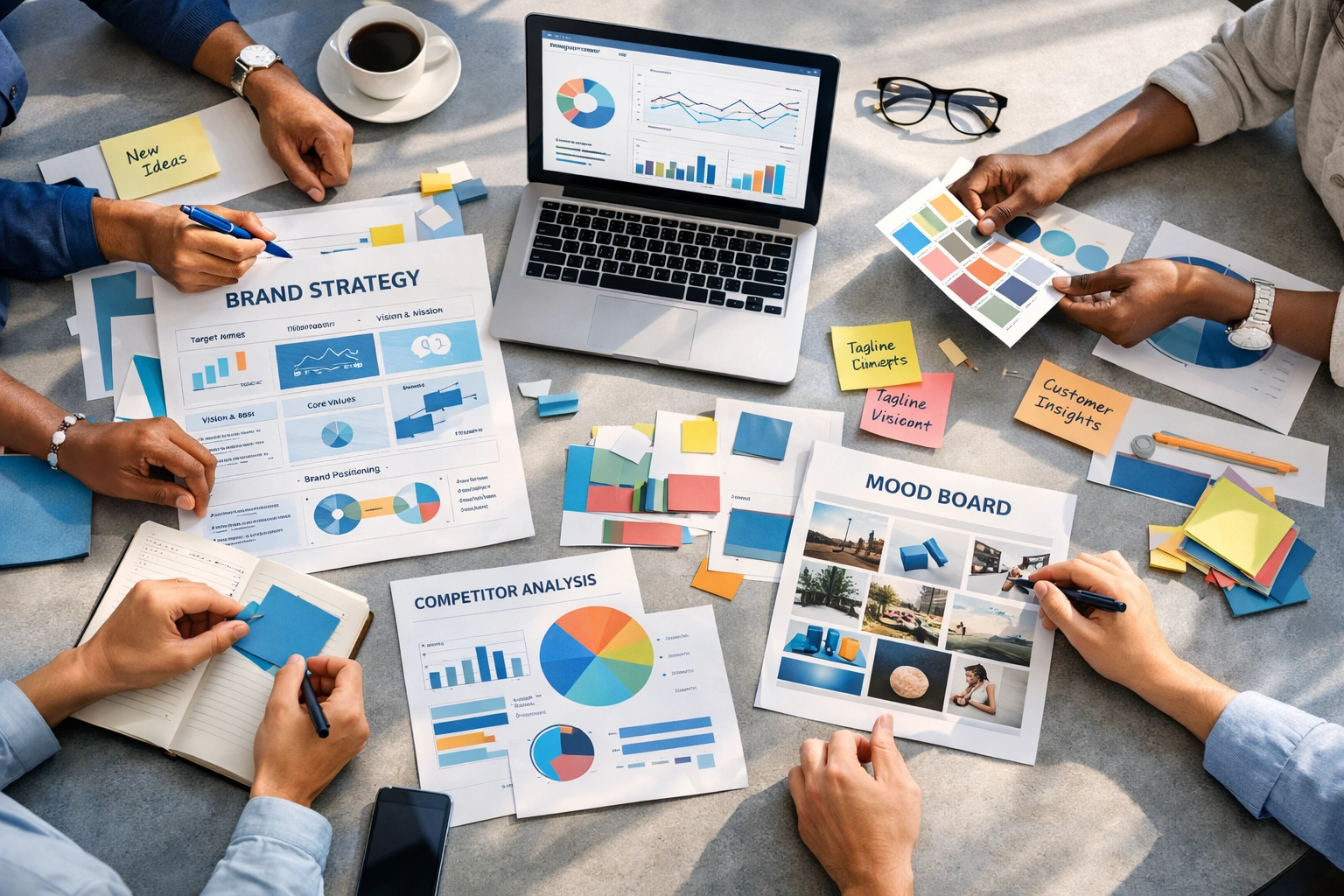 Team collaborating on brand strategy and insights during workshop with documents and analytics