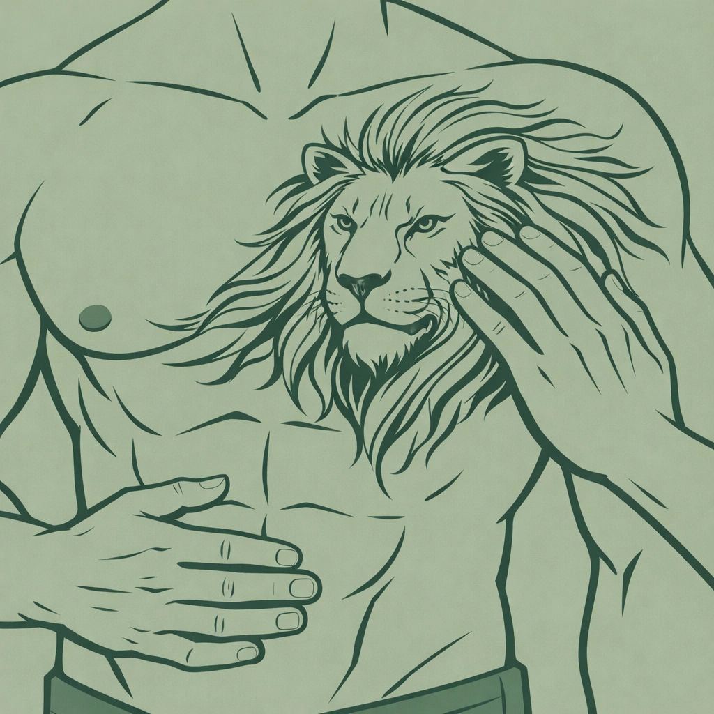 Lion chest tattoo representing courage and strength for gay man after coming out