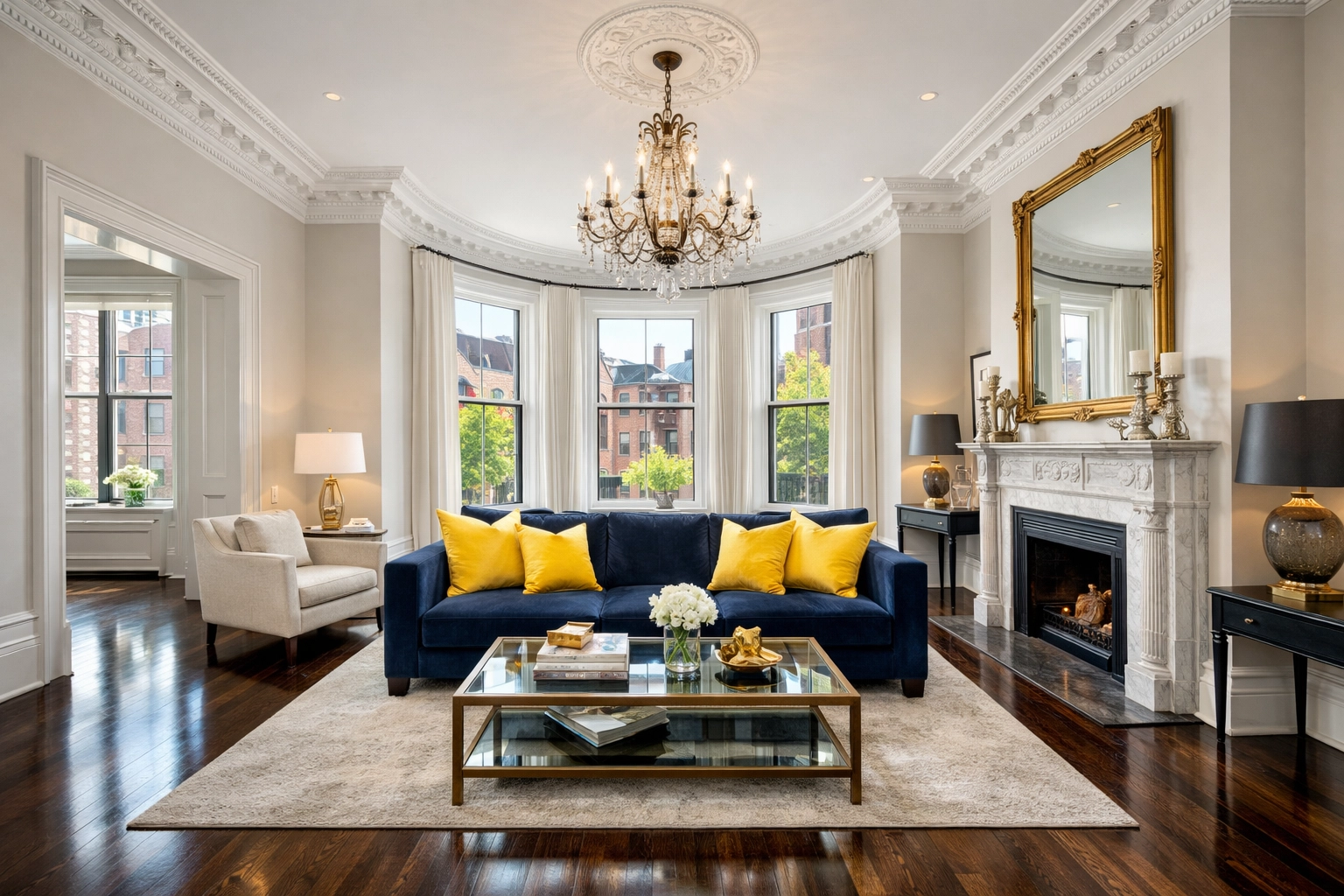Spotless Beacon Hill apartment cleaning Boston showing polished hardwood floors in a historic luxury brownstone.