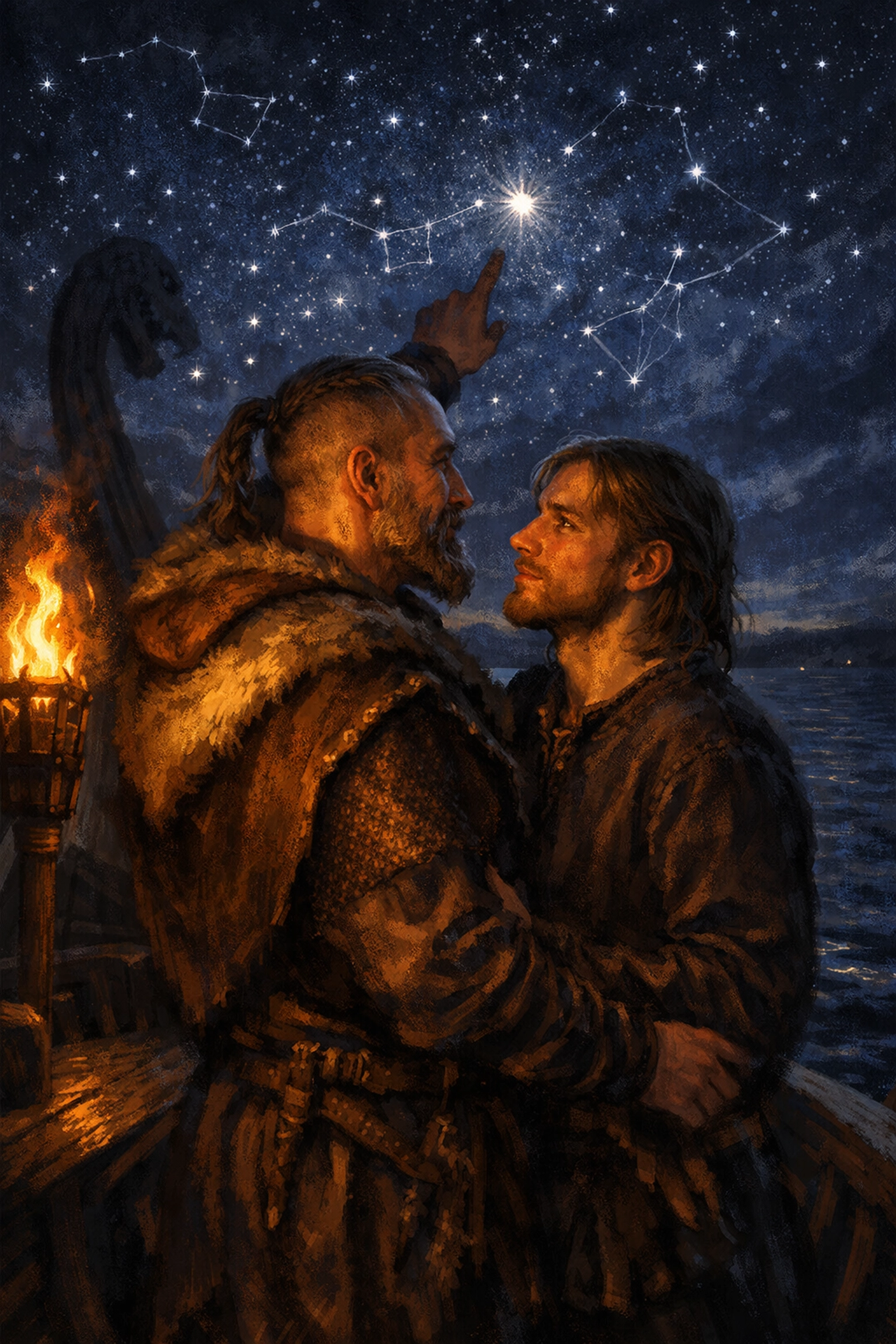 Viking navigator teaching celestial navigation to chieftain under stars - MM romance scene