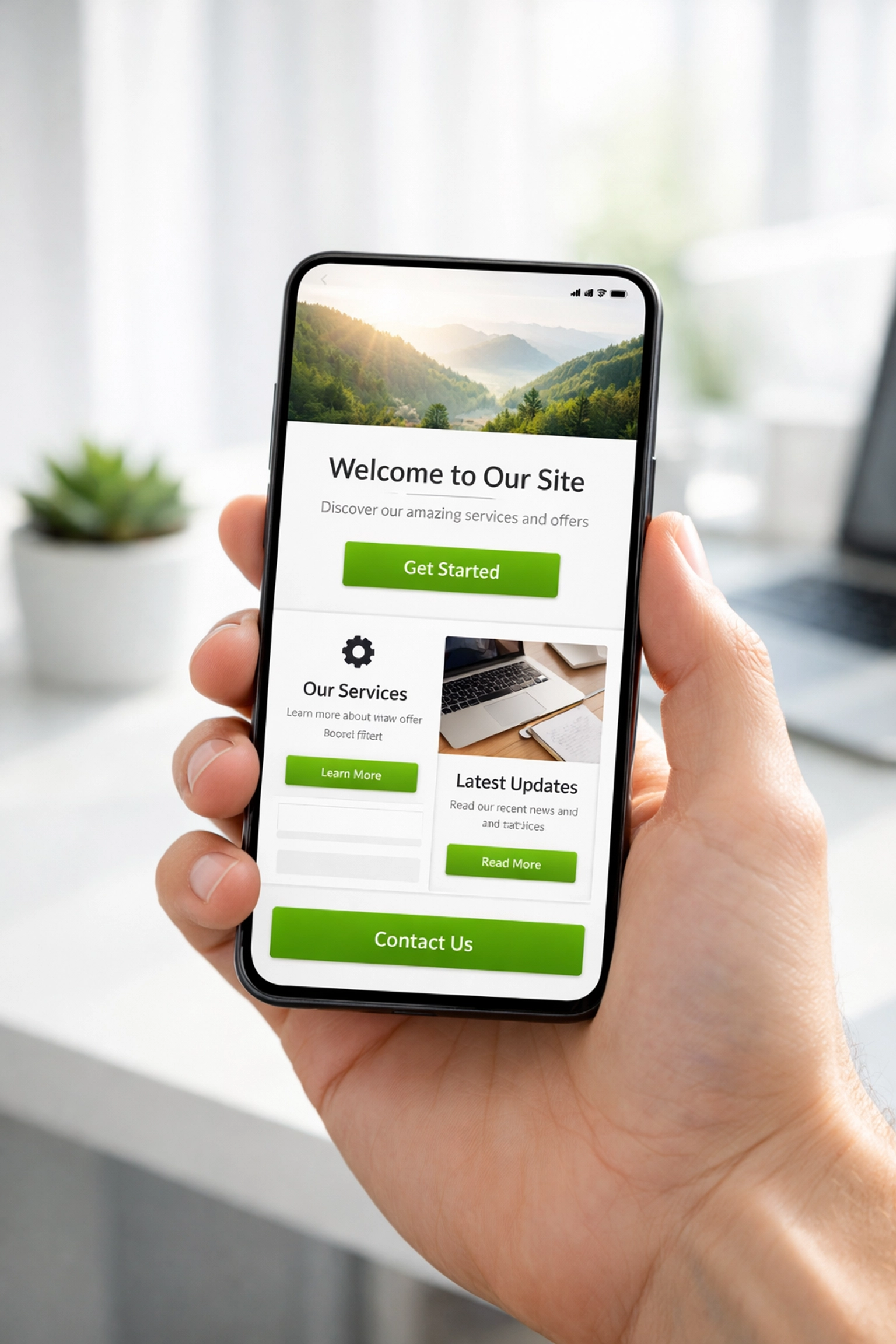 Responsive mobile website design on a smartphone showing touch-friendly buttons for local SEO.
