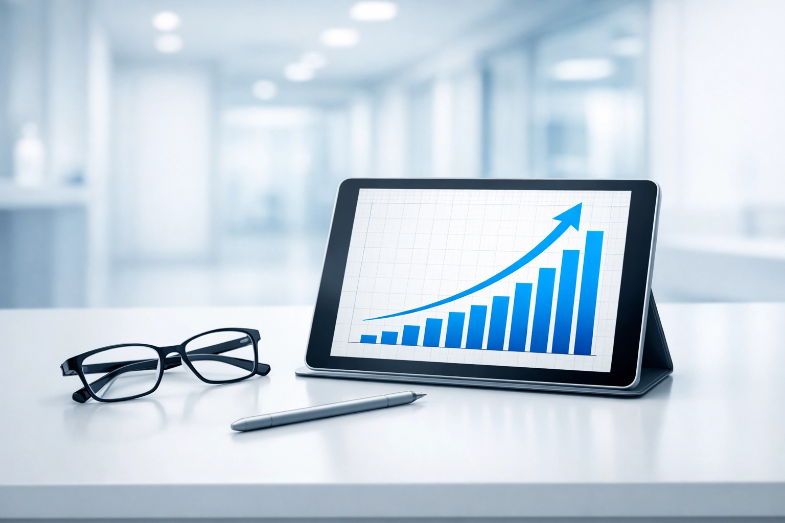 Upward-trending growth chart on a tablet in an office, illustrating successful optometry revenue management.