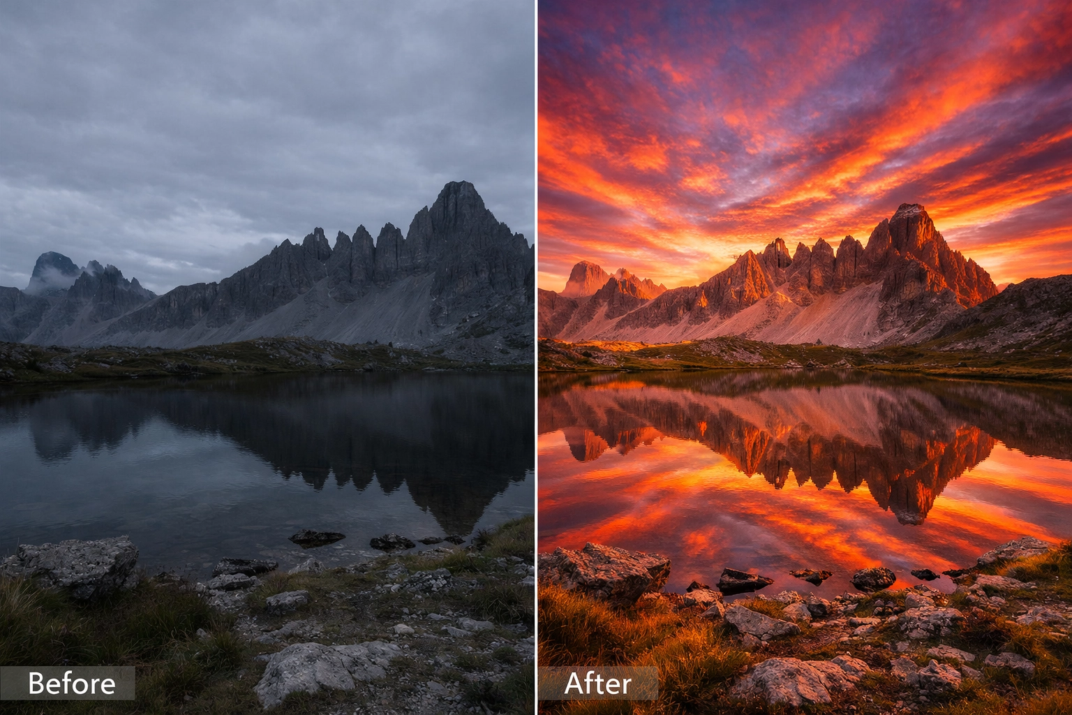 Before and after landscape edit using Luminar Neo Sky AI at a mountain lake in the Dolomites.