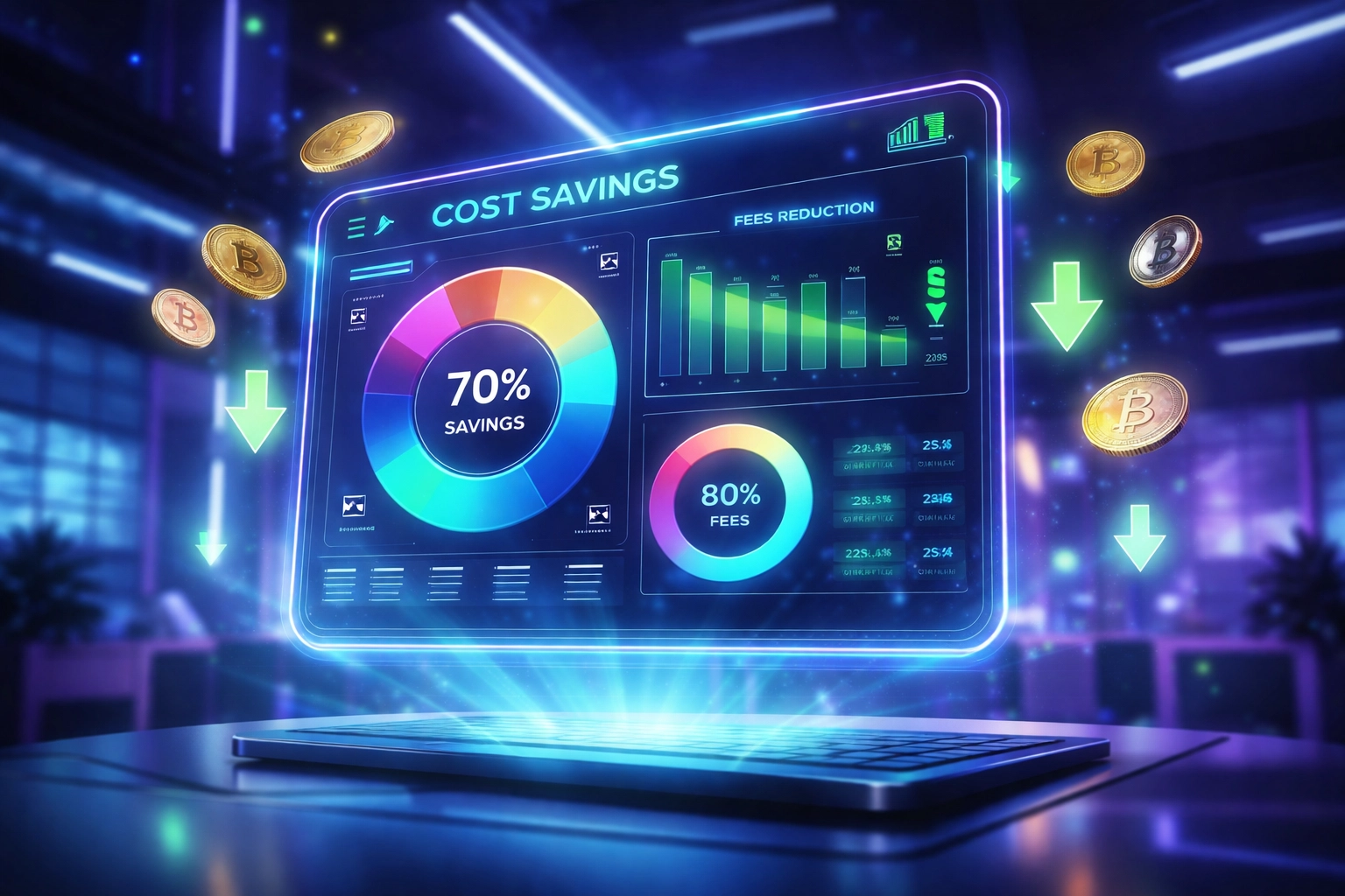 A virtual dashboard displays merchant fee savings and crypto payment benefits in a modern metaverse office setting.