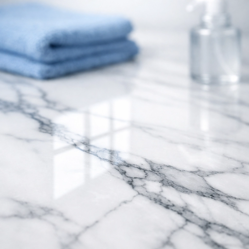 Close-up of a polished marble surface following expert residential cleaning Massachusetts in a luxury home.