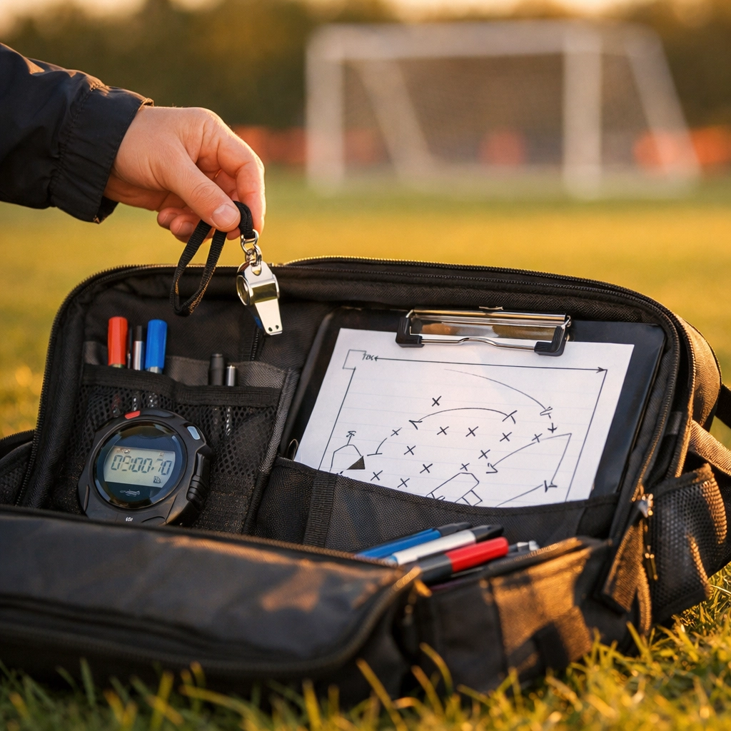 Organized coaching bag with whistle, clipboard, and stopwatch on grass field