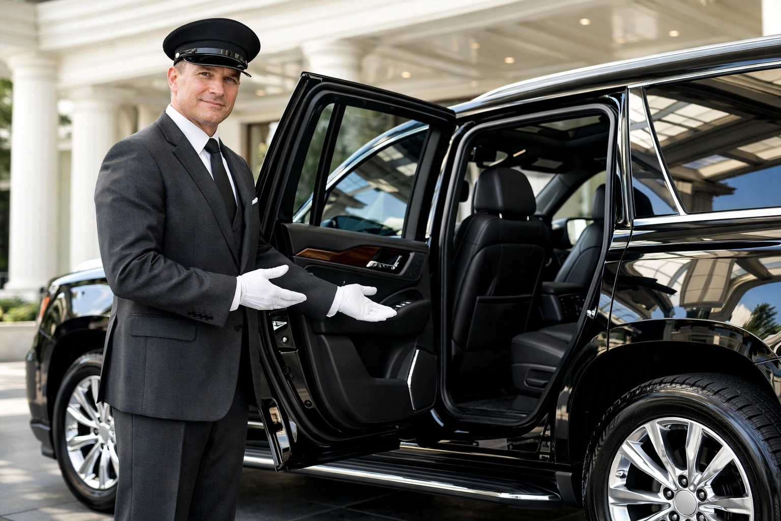 Professional chauffeur opening the door of a luxury SUV for seamless executive VIP travel support.