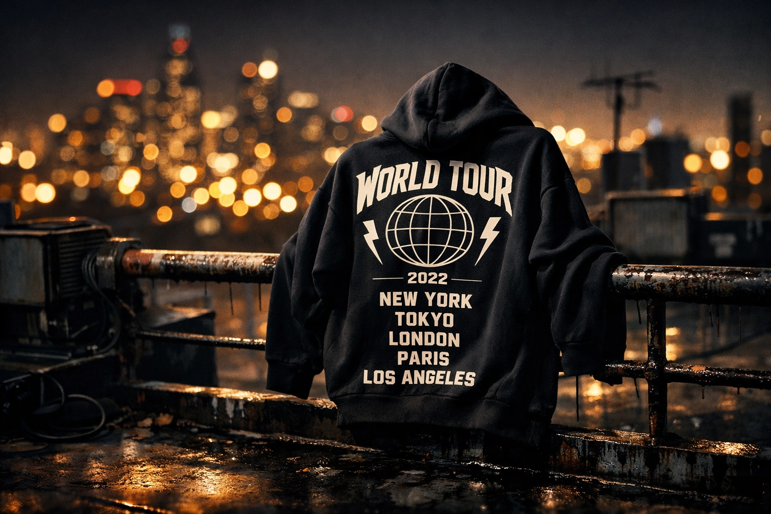 Black graphic streetwear hoodie on an urban rooftop, capturing the energy of a hip-hop world tour.