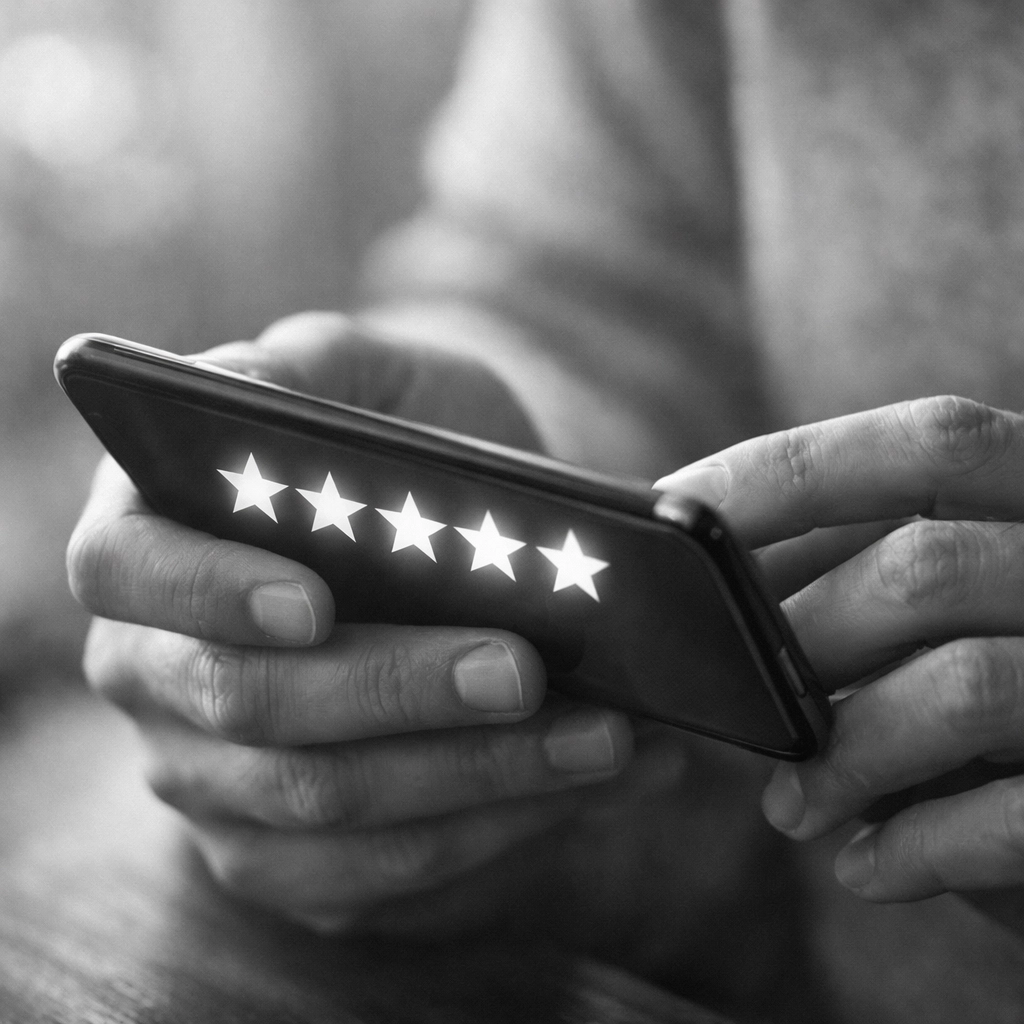 Customer leaving five-star review rating on smartphone for local business