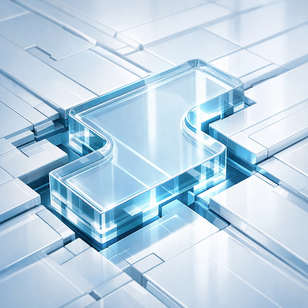 Bespoke digital component fitting into a grid, symbolizing custom software and technical infrastructure.