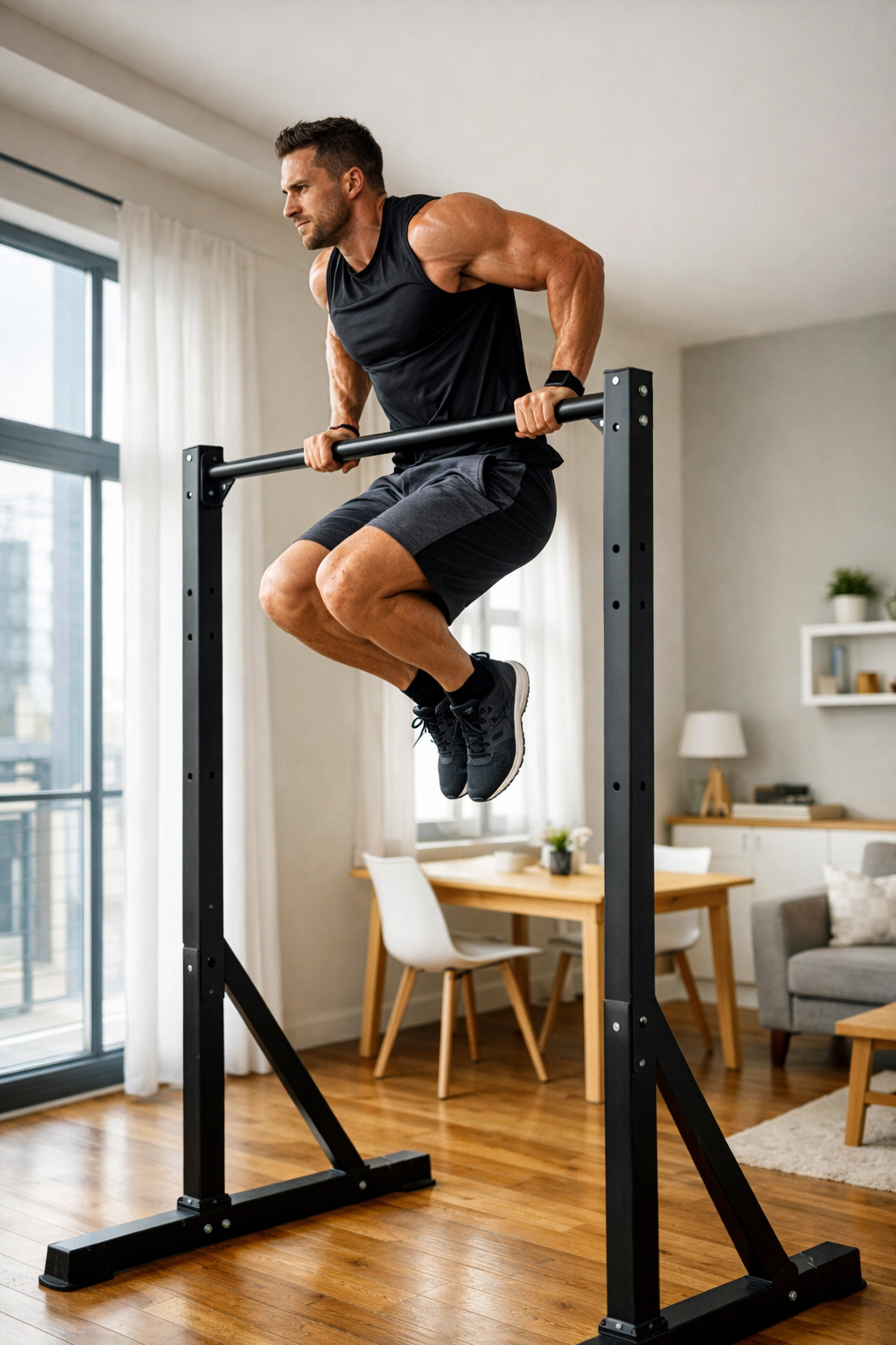 Athlete performing muscle-up on floor-to-ceiling pull-up bar in small apartment home gym