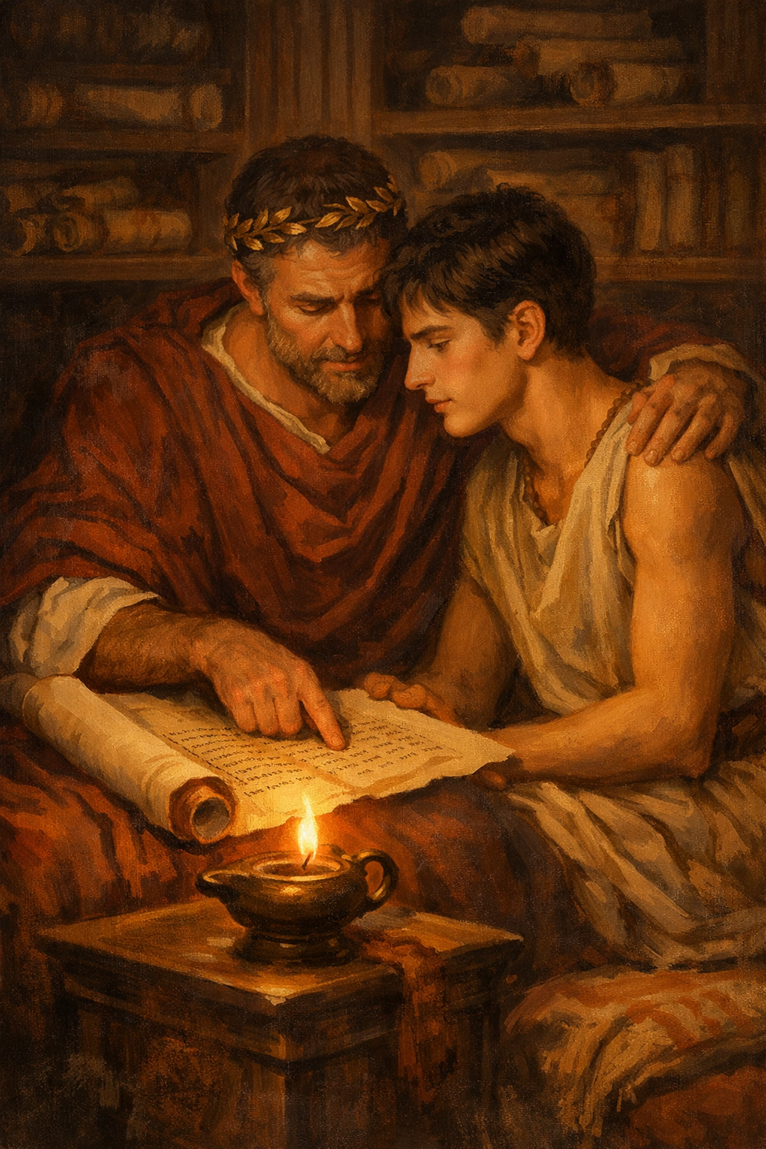 Roman patrician teaching male servant to read by lamplight - historical MM romance
